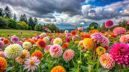 Fototapeta premium Yellow, red, and orange spring flowers bloom in a beautiful mountain garden against a clear blue sky