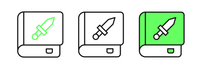 Set line Book about weapon icon isolated on white background. Small firearm. Weapon catalog. Vector