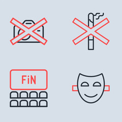 Set line No smoking, Cinema auditorium with screen, Comedy theatrical mask and Prohibition no video recording icon. Vector