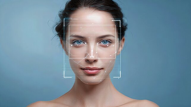 A portrait of a young woman with facial scanning lines highlights biometric identification and modern face recognition technology
