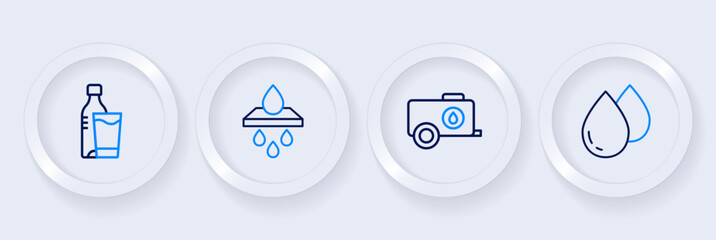 Set line Water drop, Mobile water tank, filter cartridge and Bottle of with glass icon. Vector