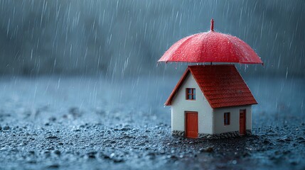 Fototapeta na wymiar A small house sits safely under a large red umbrella as rain pours down, symbolizing protection from storms, floods, and natural disasters 