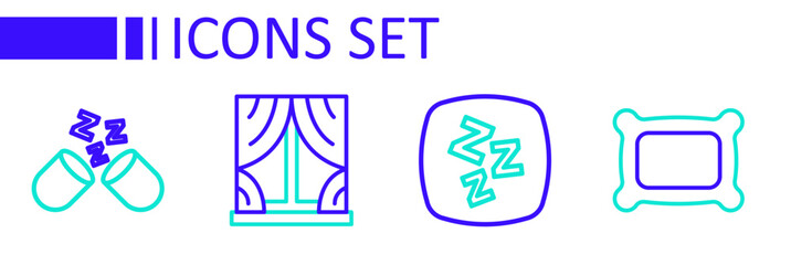 Set line Pillow, Sleepy, Window with curtains and Sleeping pill icon. Vector