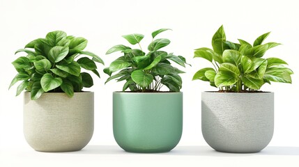 Obraz premium Three ceramic pots with lush green plants, minimalist and natural aesthetic