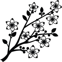 Elegant Black and White Cherry Blossom Branch Illustration Spring Floral Design