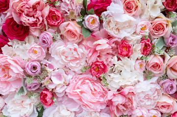 Flat lay background of pink roses in full bloom. Romantic-dreamy design with freshness, beauty, serenity. 