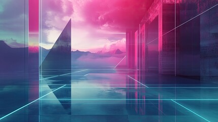 Abstract Futuristic Landscape with Neon Colors and Geometric Shapes