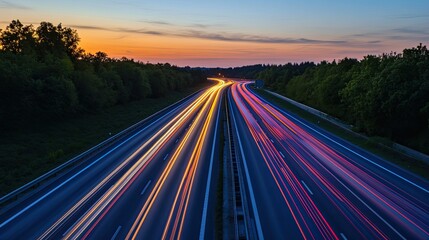 Vibrant Light Trails on Highway at Sunset Amidst Lush Greenery