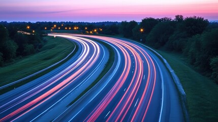 Long Exposure Light Trails on Highway at Dusk with Twilight Sky