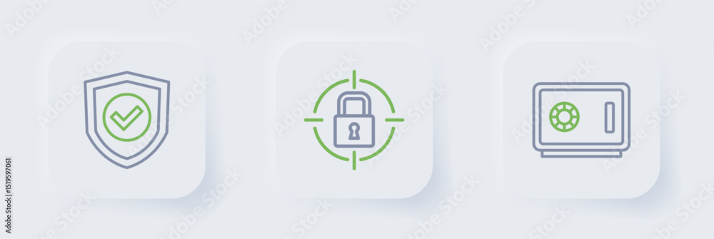 Poster set line safe, lock and shield with check mark icon. vector