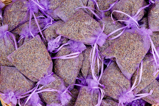 Nice, France, Europe. Sachets of lavendar for sale at the farmers market.