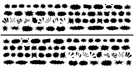 Comic burst explosion vector, comic boom elements, and speech bubbles in black silhouettes. Ideal for comic designs, pop art, and retro style illustrations