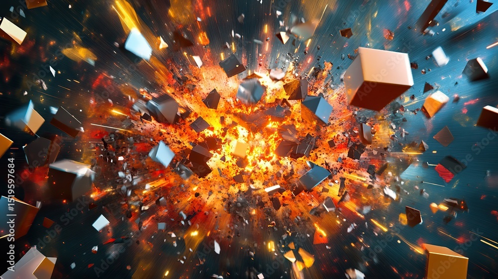 Poster a chaotic yet organized explosion of 3d polygons and abstract shapes.
