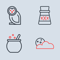 Set line Bottle with potion, Halloween witch cauldron, Moon and stars and Owl bird icon. Vector