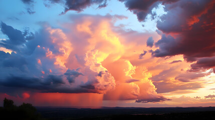 Obraz premium Majestic sunset over a vast landscape, showcasing vibrant clouds and distant rain showers in the background