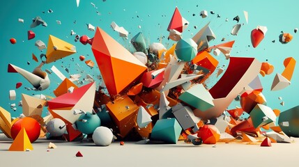 A chaotic yet organized explosion of 3D polygons and abstract shapes.