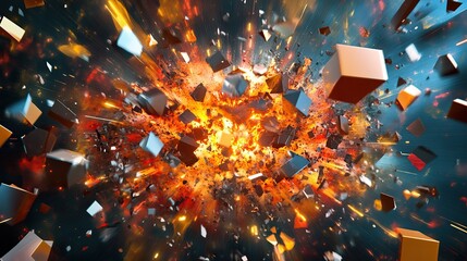 A chaotic yet organized explosion of 3D polygons and abstract shapes.