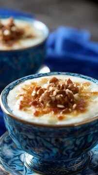Close up of rice pudding dessert with nuts and cinnamon syrup served in ornate blue patterned bowl