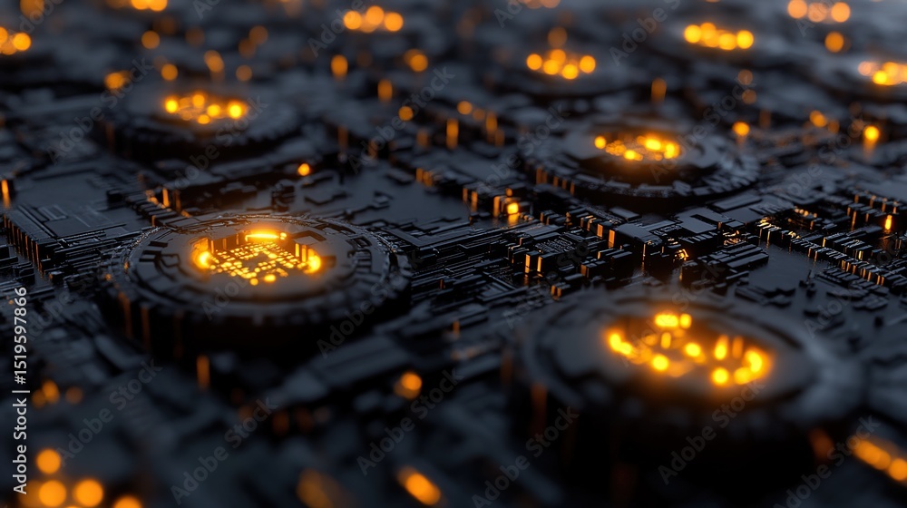 Poster a cybernetic-inspired 3d pattern with glowing circuits and mechanical geometry.