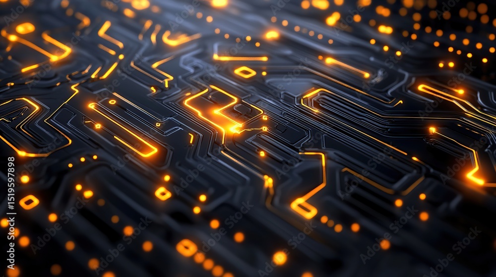 Poster a cybernetic-inspired 3d pattern with glowing circuits and mechanical geometry.