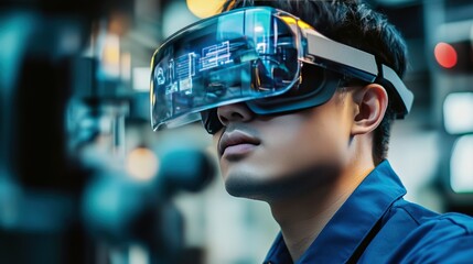 A close-up of an engineer using augmented reality glasses to monitor IoT-driven manufacturing.