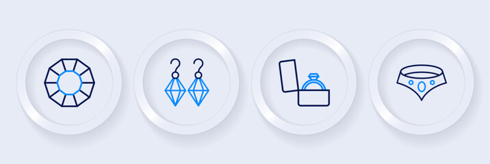 Set line Necklace, Diamond engagement ring in box, Earrings and icon. Vector