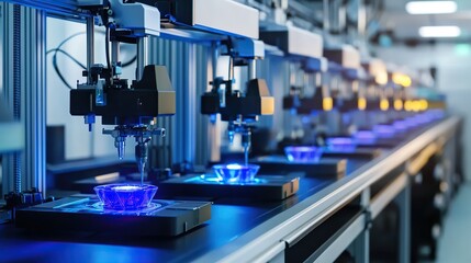 A cutting-edge 3D printing factory producing futuristic devices.