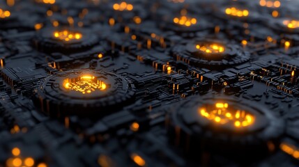 A cybernetic-inspired 3D pattern with glowing circuits and mechanical geometry.