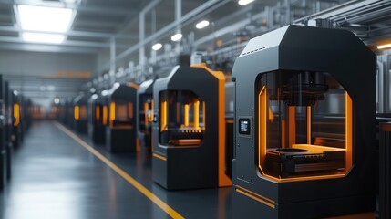 A cutting-edge 3D printing factory producing futuristic devices.