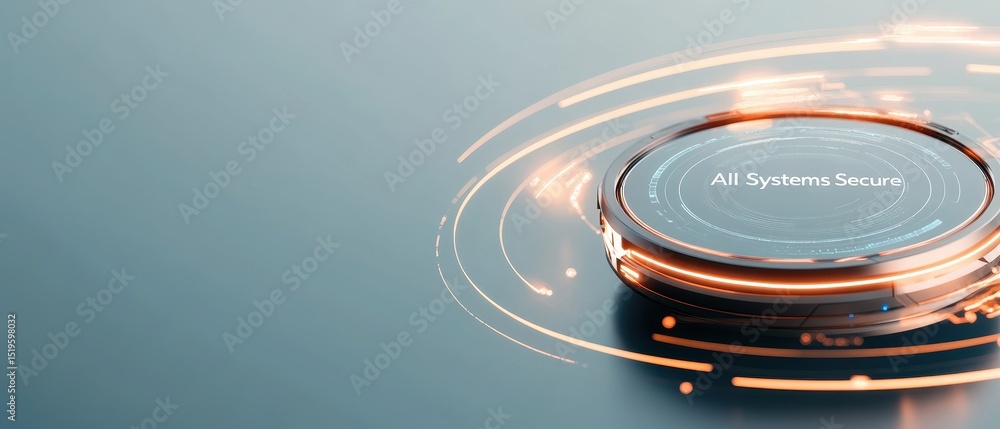 Poster cybersecurity concept showing awareness with secured systems glowing on a round metallic device with