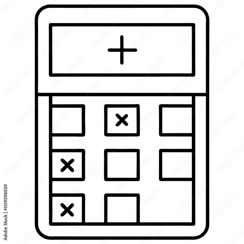 Poster simple line drawing of a basic calculator with addition and multiplication symbols