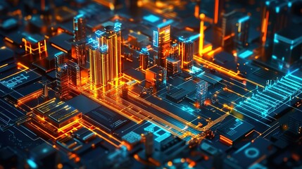 A futuristic blueprint of a smart factory, integrating 5G, IoT, and AI-driven systems.