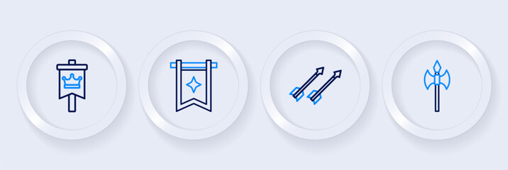 Set line Medieval axe, arrows, flag and icon. Vector