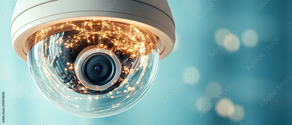 Poster dome camera scans network of light. cybersecurity awareness concept. digital technology protecting d