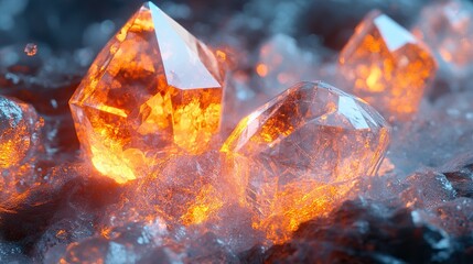 A sci-fi inspired 3D design with crystalline geometric formations and glowing energy.