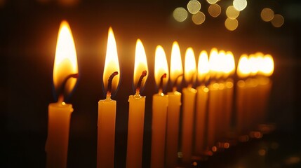 Row of Lit Candles Glowing Brightly in the Dark Festive Illumination