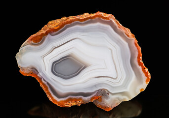 Closeup a cut polished agate precious stone on black background. Gemstone cross section with smooth surface, white gray striped pattern and bold rusty orange border. Natural mineral of Morocco origin.