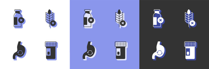 Set Vitamins, Lactose intolerance, Human stomach health and Gluten free grain icon. Vector