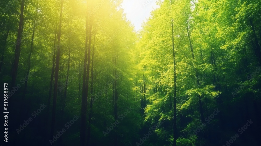 Poster sunlight filtering through tall green trees in a serene forest setting