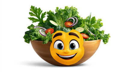 Salad with a cheerful face 3d character, transparent background