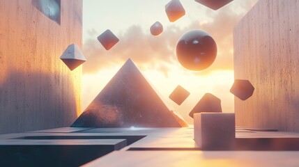 A surreal 3D environment with abstract floating cubes, pyramids, and spheres.