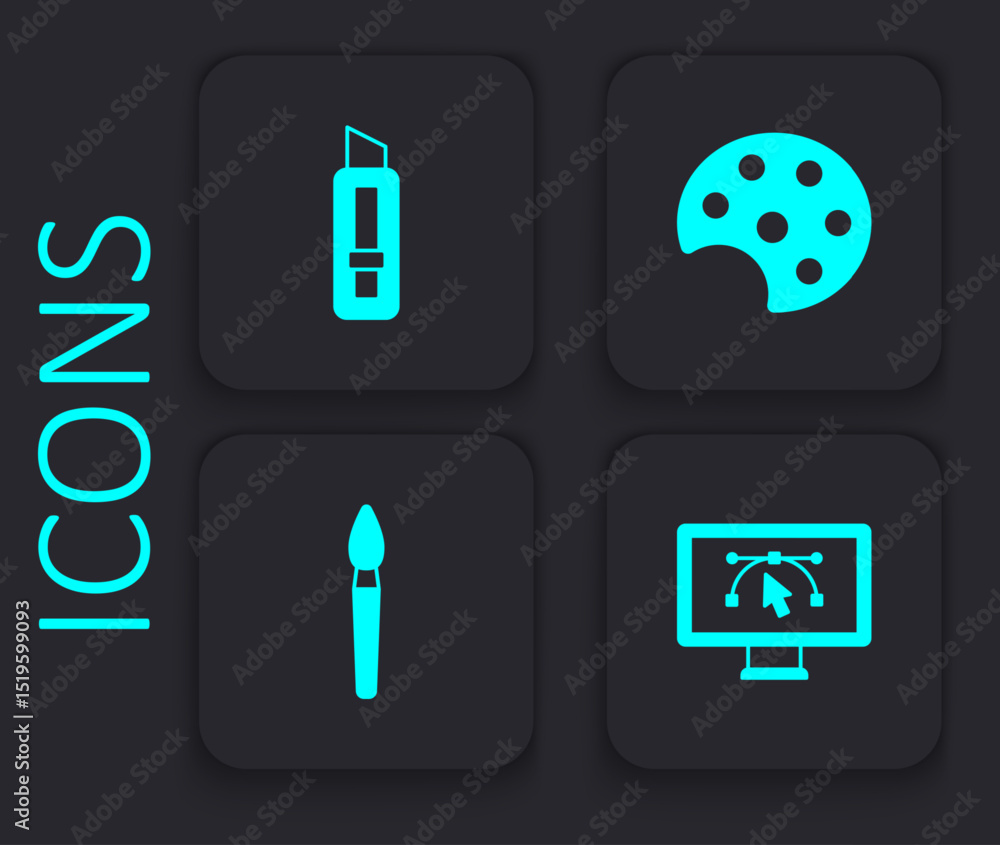 Poster set computer with design program, stationery knife, palette and paint brush icon. black square butto