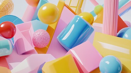 A vibrant composition of glossy, inflated geometric shapes in pastel tones.