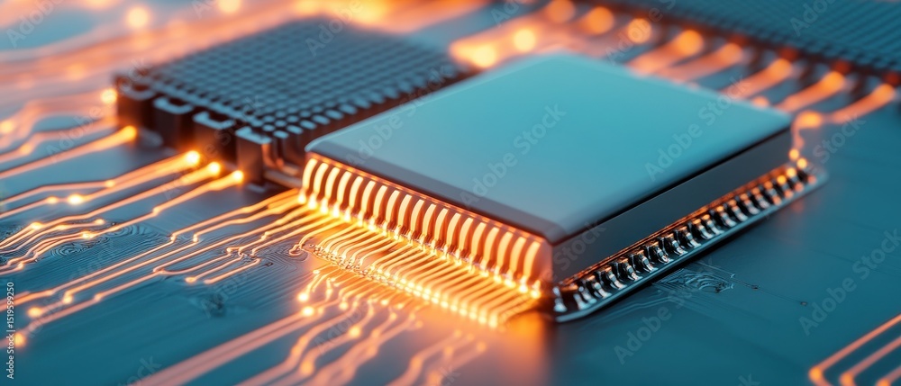 Poster electronic chip on circuit board with glowing light. data flow on motherboard for cybersecurity awar