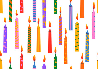 Seamless pattern with Candles for the birthday cake. Colorful holiday candles for cake decoration. Bright accessories for the holiday party. Vector illustration