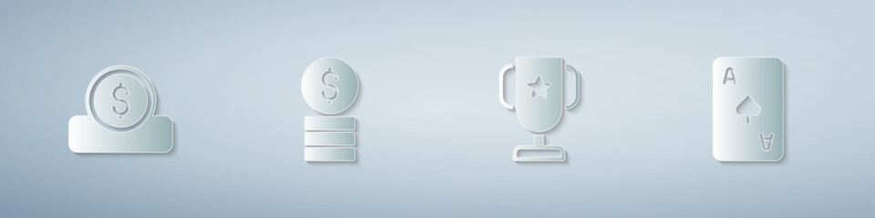 Set Coin money with dollar, Casino chip, poker trophy cup and Playing card spades symbol. Paper art style. Vector