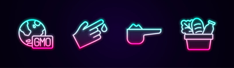 Set line GMO, Finger blood, Sports nutrition proteine and Shopping bag and food. Glowing neon icon. Vector