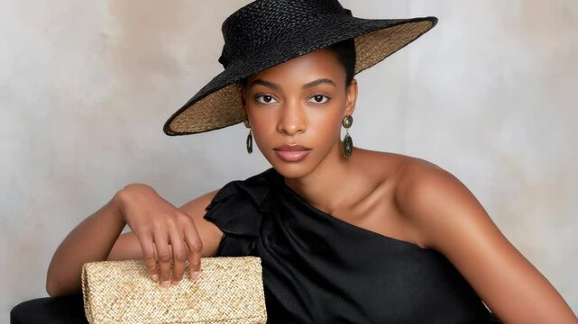 Elegant woman in modern fashion poses with straw hat and textured clutch