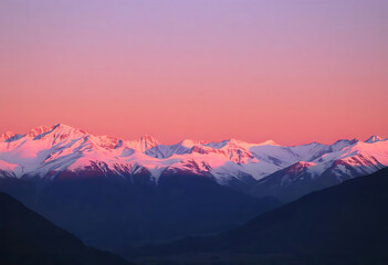 Majestic snow capped mountains under a vibrant pink and purple sunset sky scene