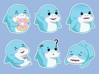 Adorable cartoon shark sticker set with different emotions and actions in a pastel blue palette